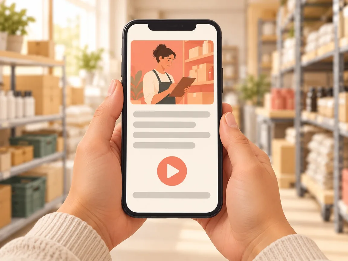 Hands holding a phone that shows a lesson with an illustration, lines of text and a play button.