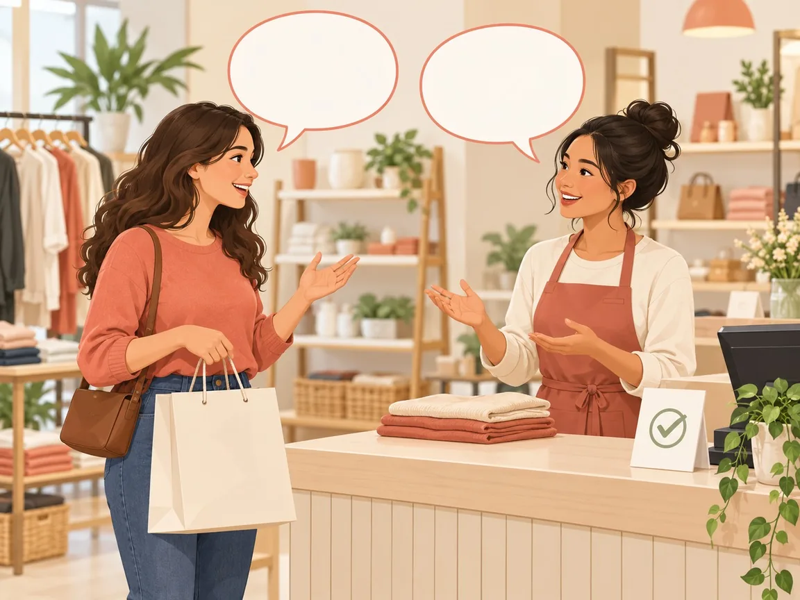 Two shop colleagues practise a customer conversation across a counter, with empty speech bubbles above them.