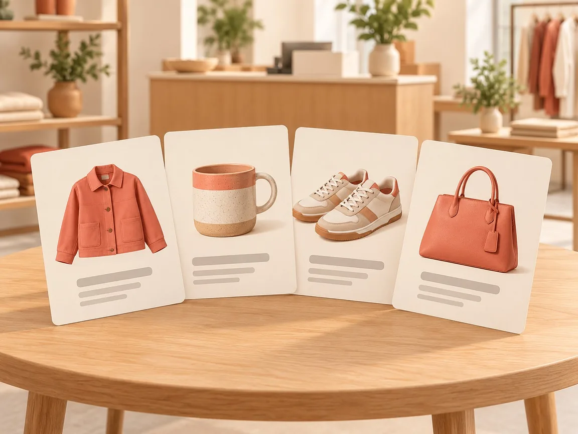 Four product cards on a table, each with a picture of a jacket, mug, sneakers or handbag and a few lines of text.