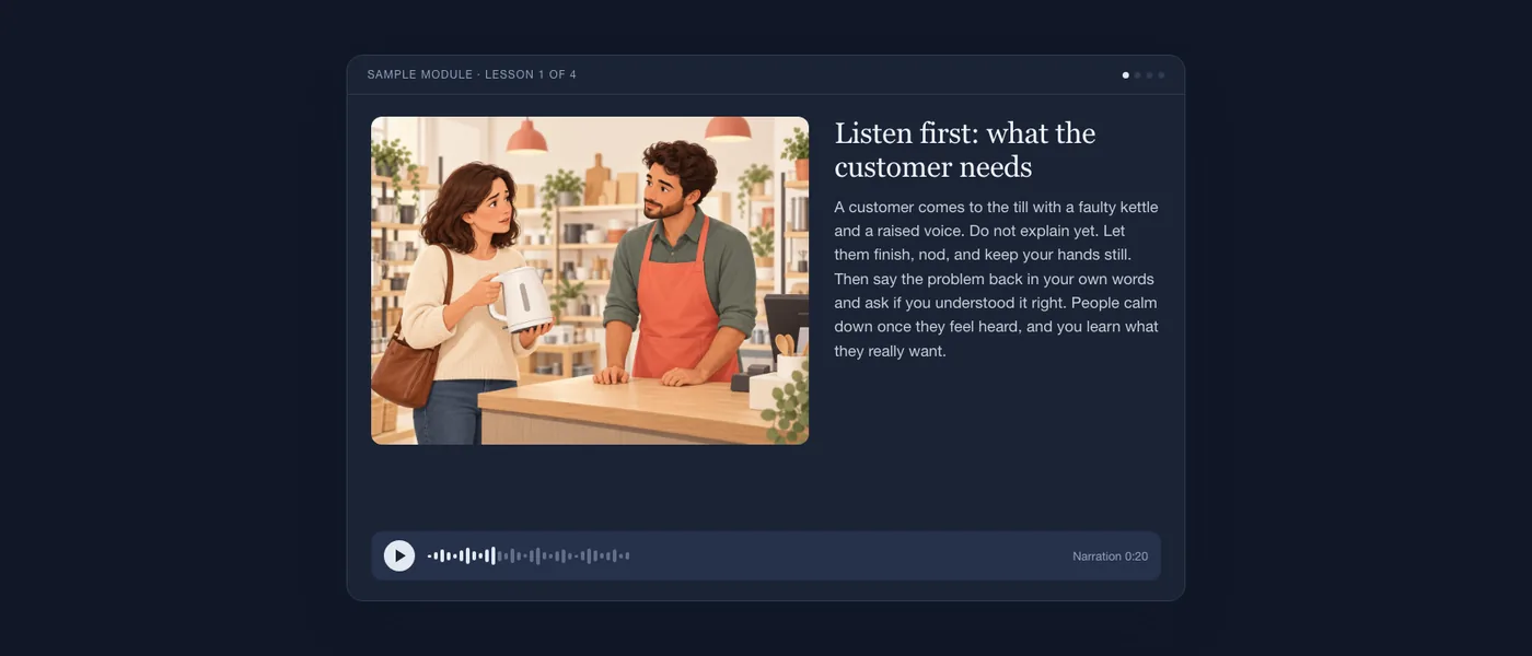 A finished lesson as the learner sees it: illustration of a customer at the till, lesson text and an audio player.