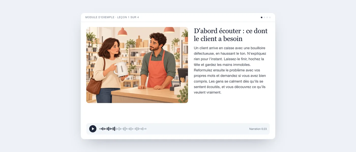 Une leçon finalisée telle que l'apprenant la voit : illustration d'une cliente en caisse, texte de la leçon et lecteur audio.