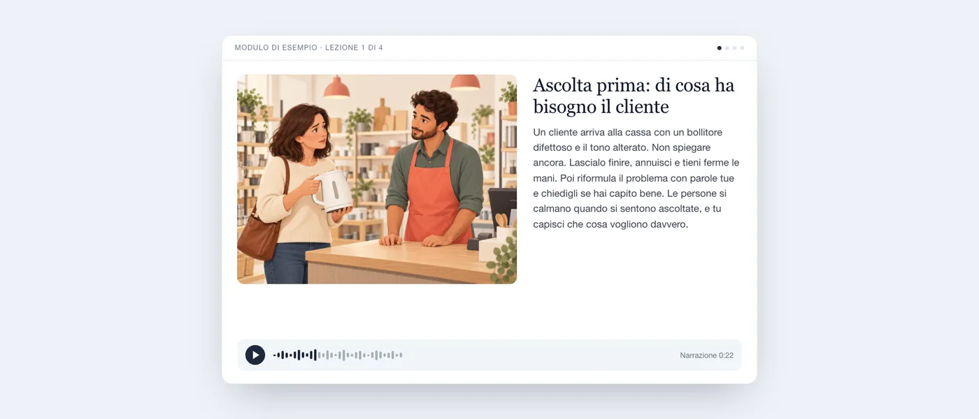 Una lezione completa come la vede il destinatario: illustrazione di una cliente alla cassa, testo della lezione e lettore audio.