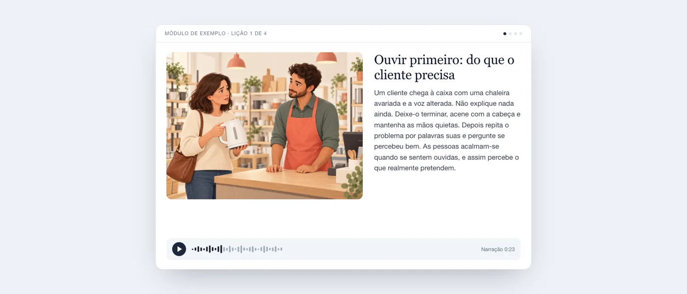 Uma lição concluída tal como o formando a vê: ilustração de uma cliente na caixa, texto da lição e um leitor de áudio.