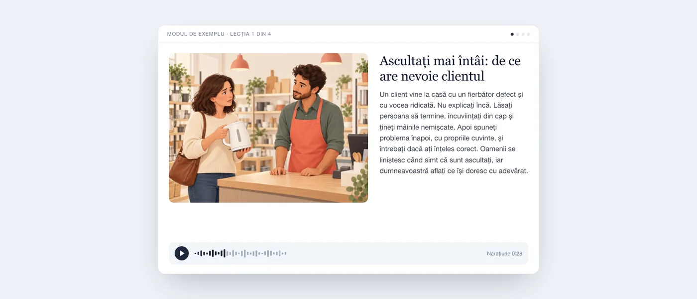 O lecție finalizată, așa cum o vede cursantul: ilustrația unui client la casă, textul lecției și un player audio.