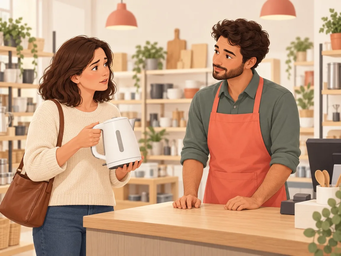 A shop assistant in a coral apron listens at the counter while a customer holds up a white kettle.