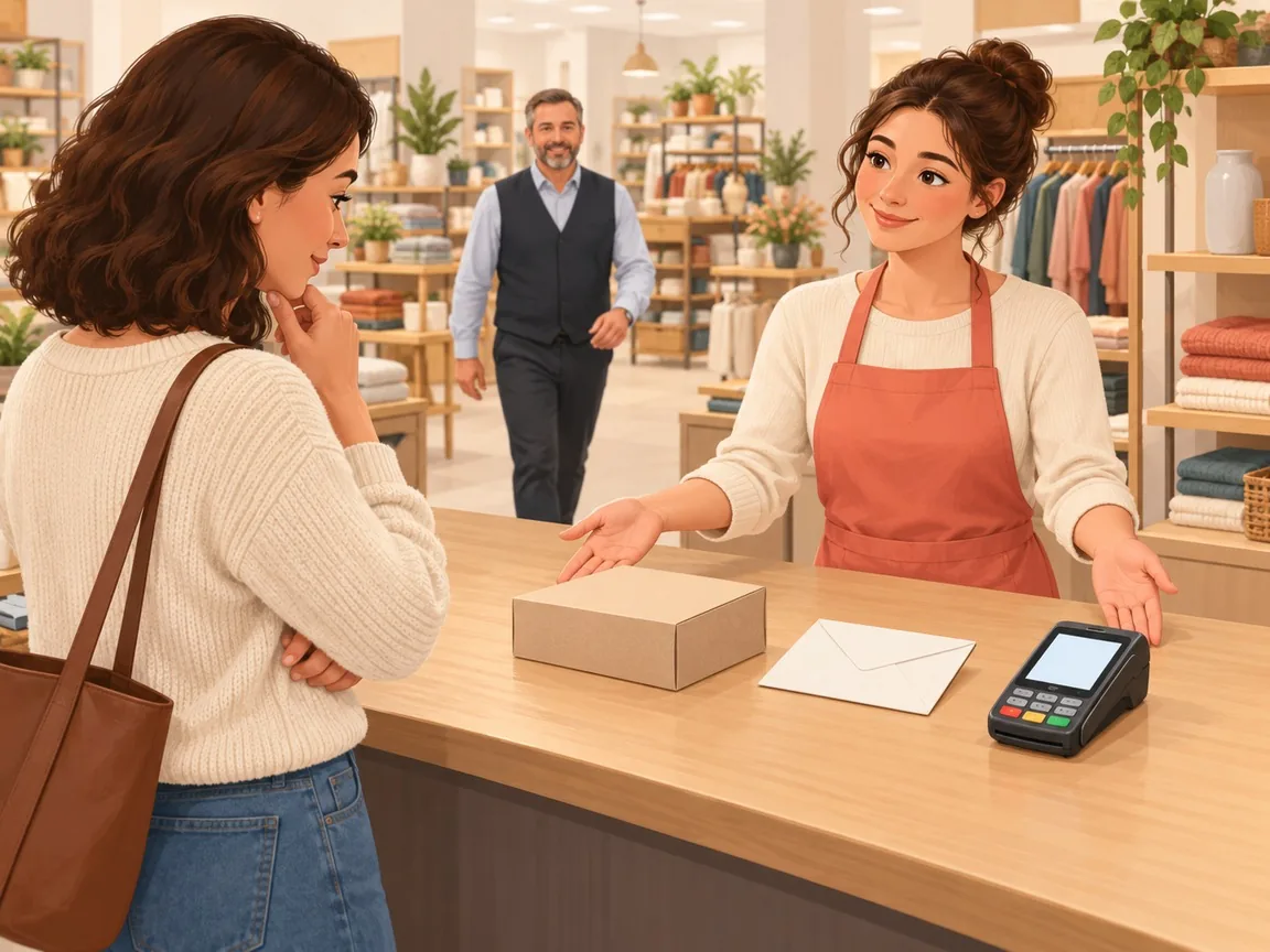 A shop assistant offers a customer a replacement box, an envelope and a card terminal on the counter while a manager walks over.