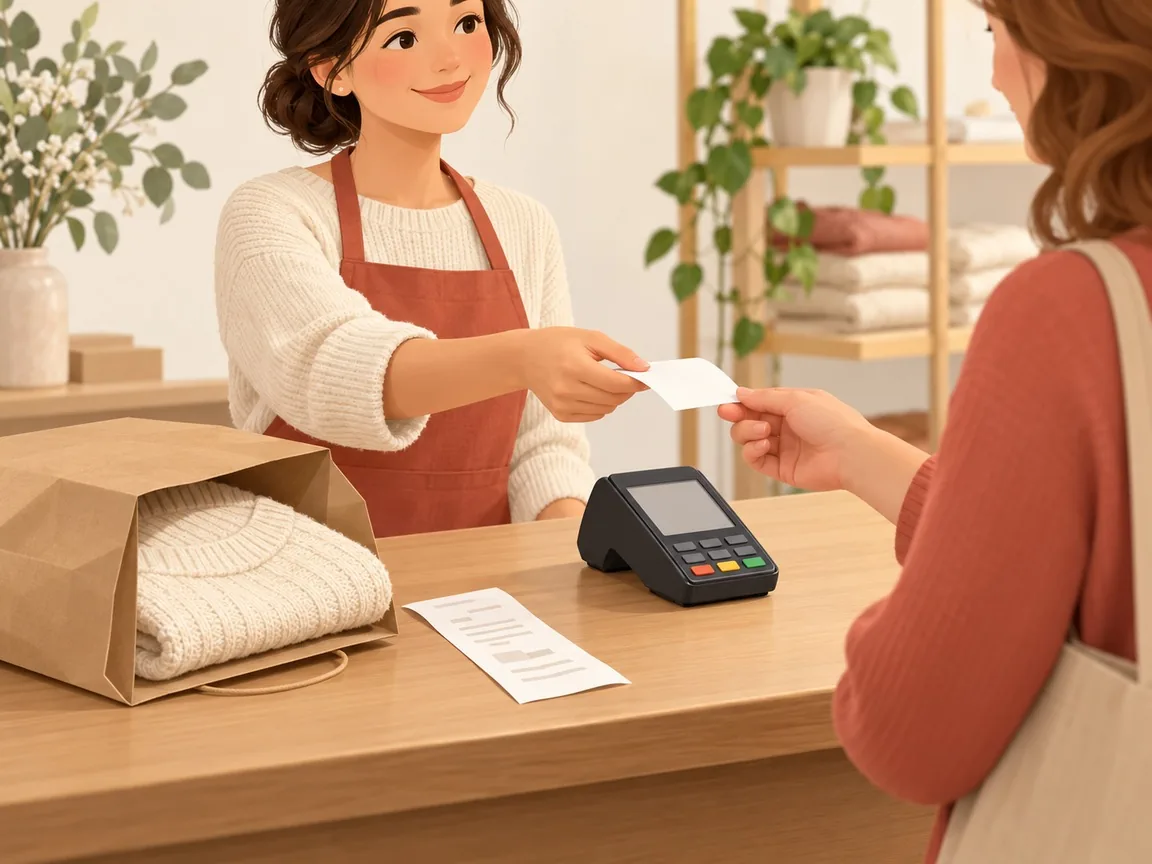 A shop assistant hands a customer a printed slip beside a returned sweater in a paper bag and a card terminal.