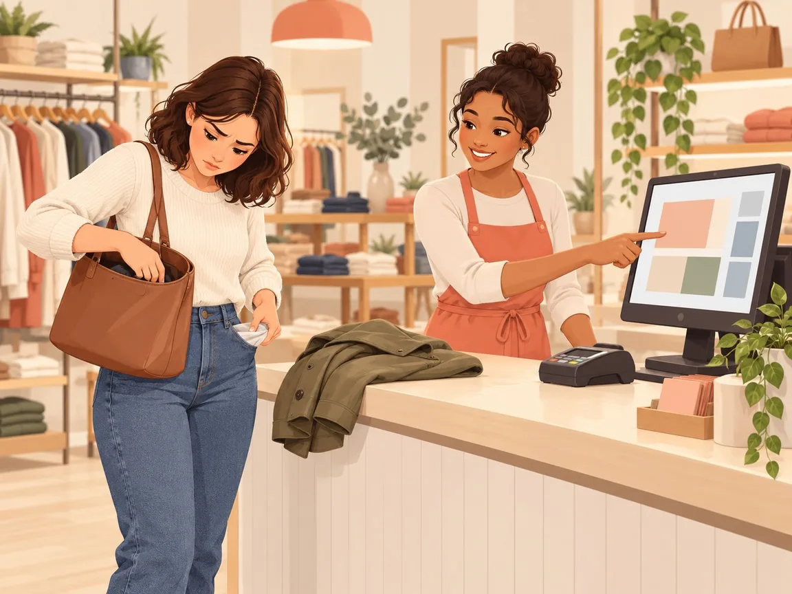 A customer searches a handbag and pockets for a receipt while the assistant points to the checkout screen.