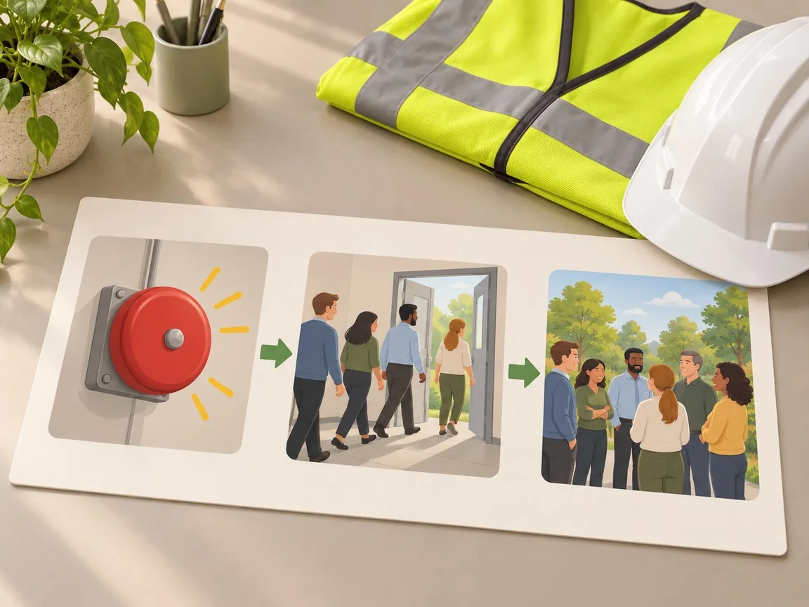 A printed strip of three illustrated scenario panels, an alarm bell, people walking to an open door and a group gathered outside, linked by green arrows, next to a hi-vis vest and a hard hat.