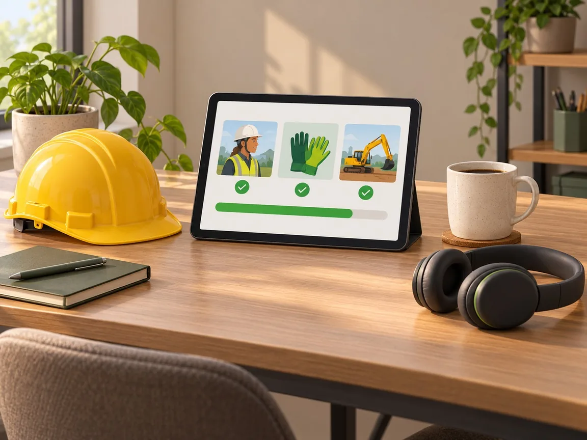 A tablet on a desk showing a short module as three illustrated tiles with green ticks and a progress bar, beside a yellow hard hat, a mug and a pair of headphones.