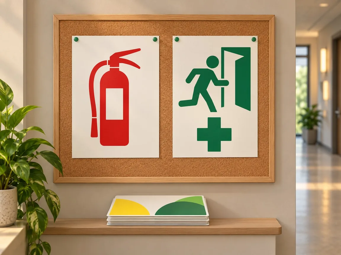 A cork noticeboard with two pictogram posters, a red fire extinguisher and a green running figure at a door with a first aid cross, and a stack of quick cards on the shelf below.