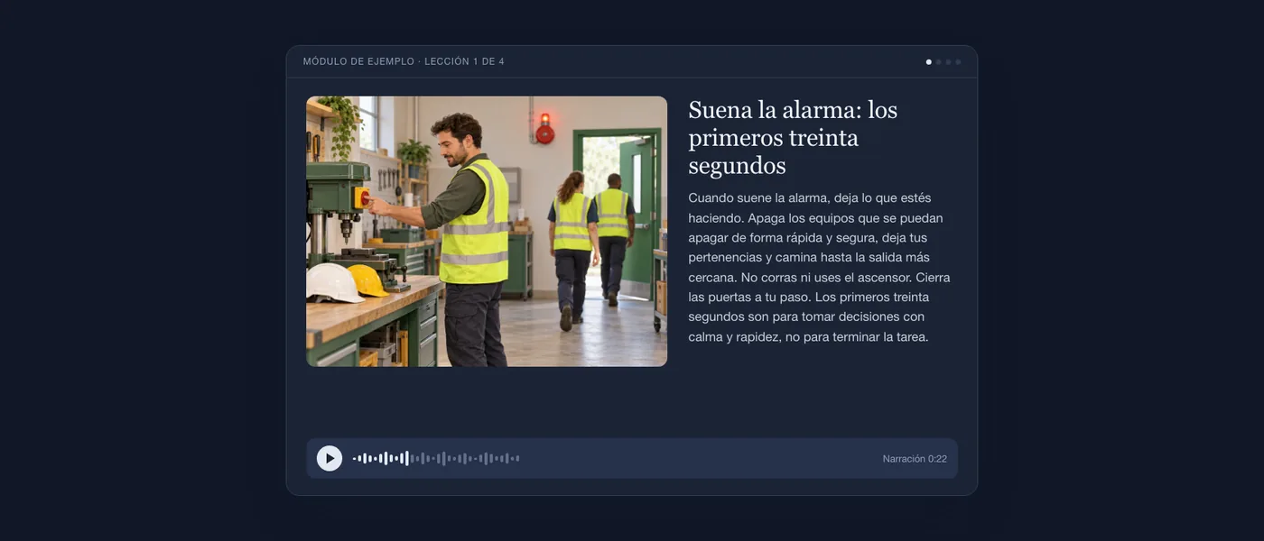 Una lección del módulo sobre el procedimiento de evacuación tal como la ve el alumnado: ilustración, texto y reproductor de audio.