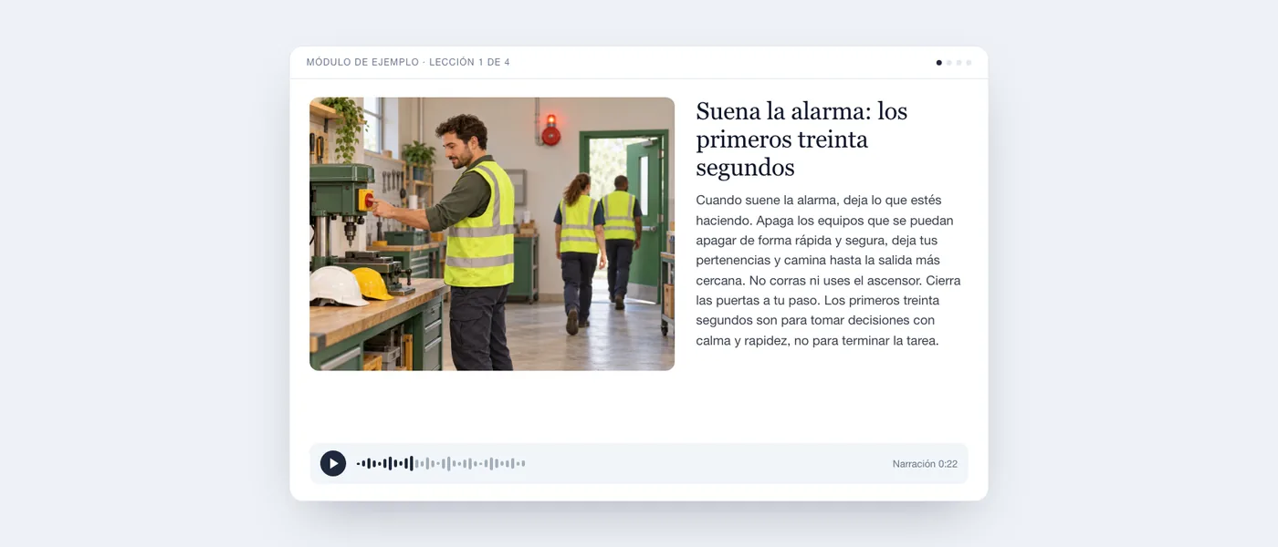 Una lección del módulo sobre el procedimiento de evacuación tal como la ve el alumnado: ilustración, texto y reproductor de audio.