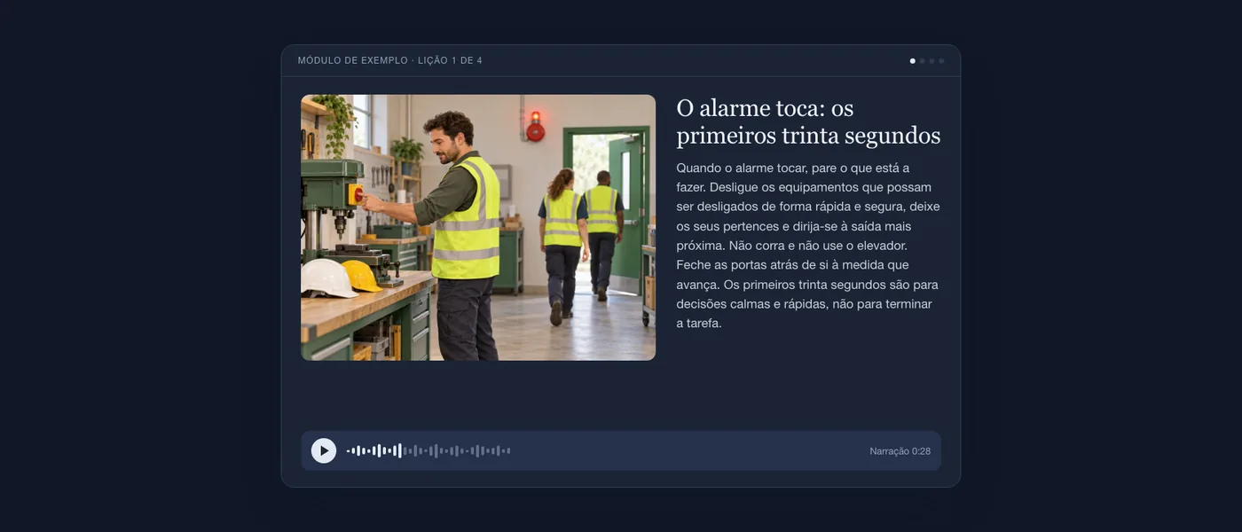 Uma lição do módulo sobre o procedimento de evacuação tal como o formando a vê: ilustração, texto e leitor de áudio.