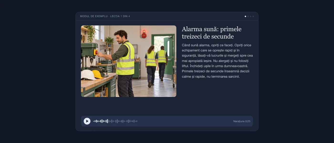 O lecție din modulul despre procedura de evacuare, așa cum o vede cursantul: ilustrație, text și player audio.