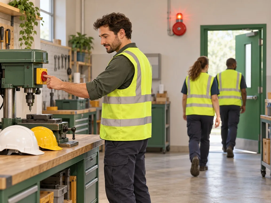 A worker in a hi-vis vest presses the stop button of a bench drill while two colleagues walk calmly toward an open green door and an alarm light flashes on the wall.