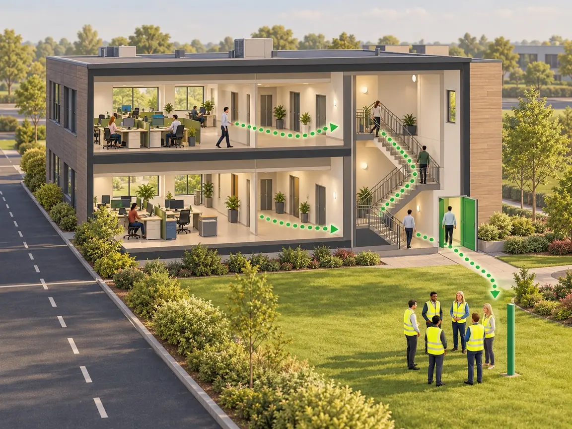 Cutaway of a two-storey office building with dotted green routes leading down the stairwell and out to a group in hi-vis vests gathered at a green assembly post on the lawn.