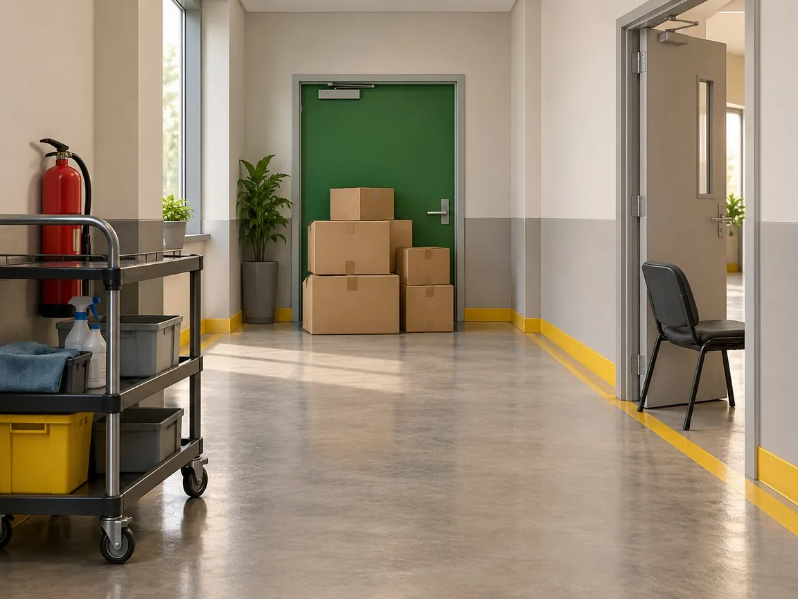A workplace corridor with boxes stacked in front of a green exit door, a chair propping a fire door open and a fire extinguisher half hidden behind a cleaning trolley.