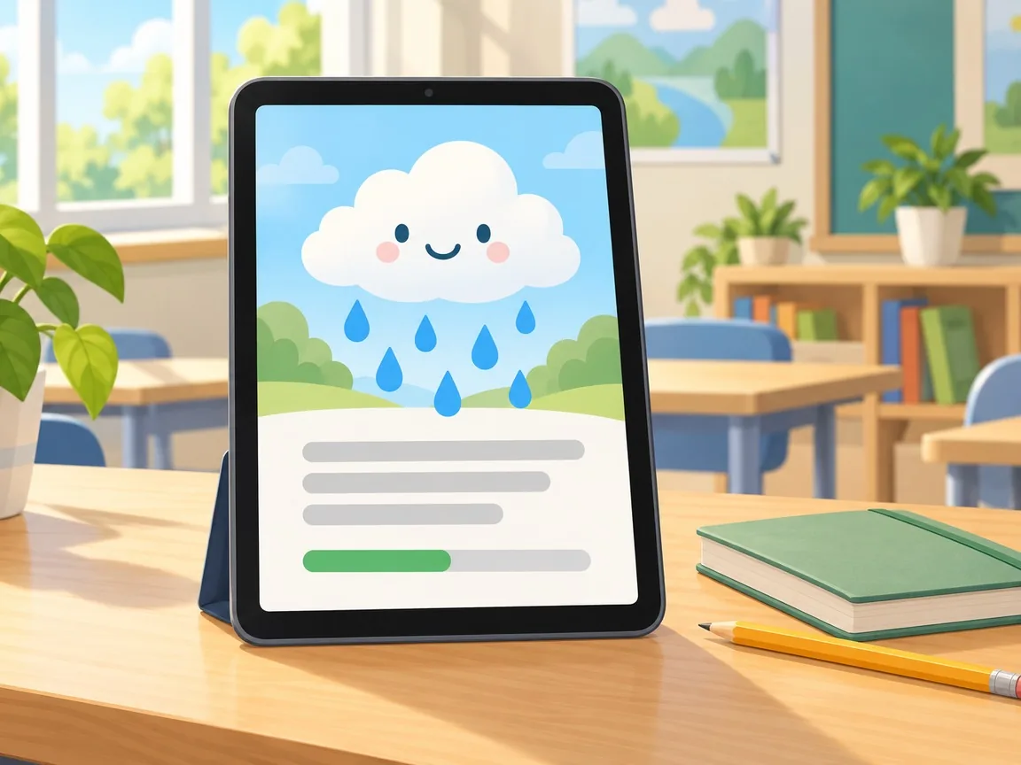 A tablet on a classroom desk showing a short illustrated lesson with a smiling rain cloud, a few lines of text and a progress bar.