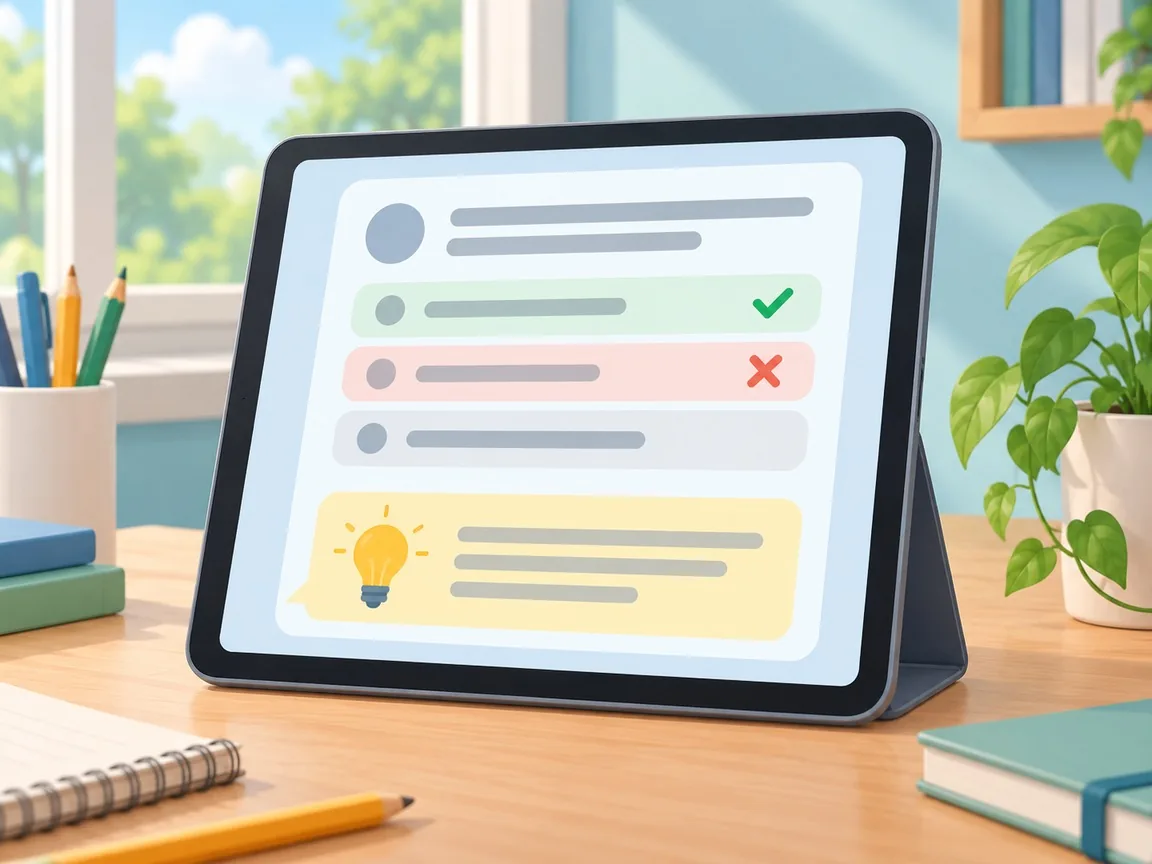 A quiz screen on a tablet with answer options marked by a green tick and a red cross, and a yellow lightbulb panel holding the explanation.