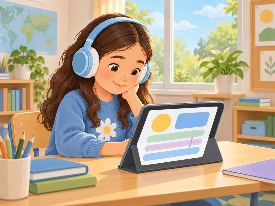 A pupil with headphones listening to a lesson on a tablet in a bright classroom, with large simple shapes and a reading guide on the screen.