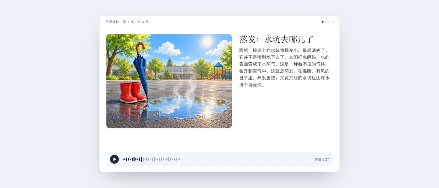学生看到的一节关于蒸发的完整课程：操场上一个正在变干的水坑插图、文字和音频播放器。
