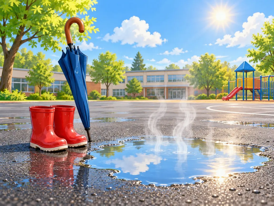 A puddle on a sunny school playground drying in the sun, with wisps of vapour rising from it beside a pair of red rain boots and a closed umbrella.