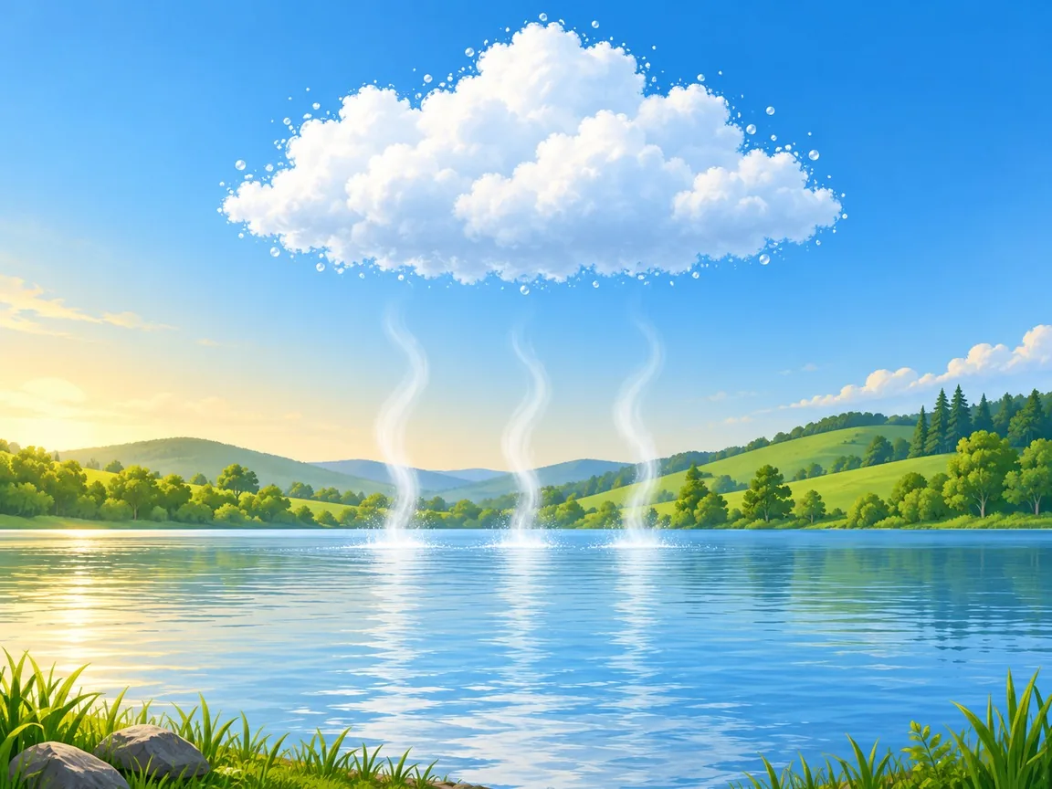 Wisps of water vapour rising from a lake into the cool sky, where a large white cloud made of tiny droplets has formed.