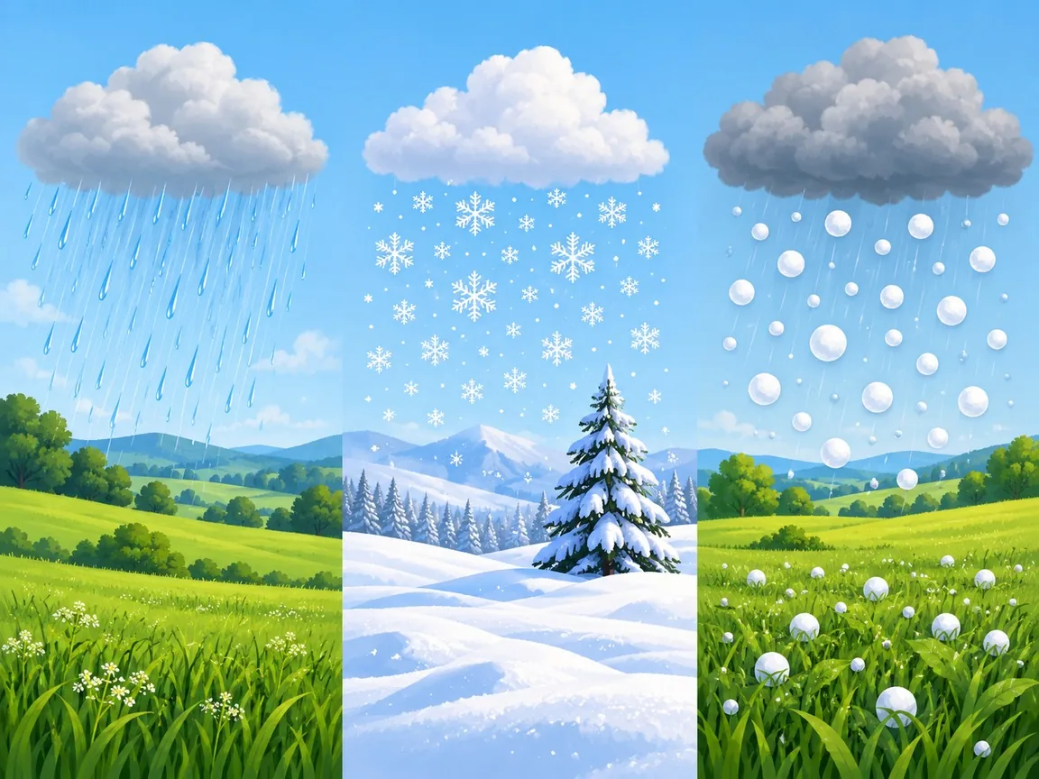 Three skies side by side: grey rain clouds over green fields, a snow cloud over a snowy hill and a dark cloud dropping hailstones.