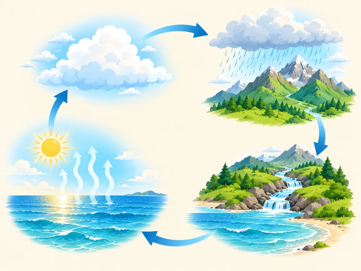 The four steps of the water cycle in a loop with arrows: sea with rising vapour, cloud, rain on mountains, and a river running back to the sea.