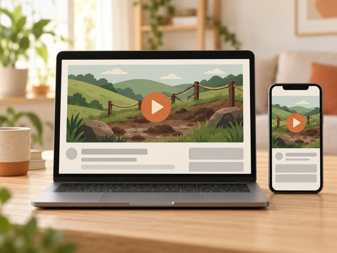 A laptop and a phone side by side, both showing a course explainer video with a large play button over a muddy hillside.