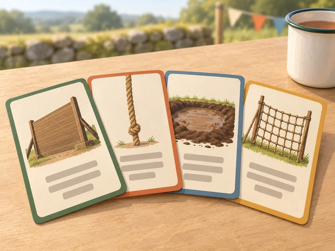 Four rule cards fanned on a table, each with a coloured edge and a drawing of one obstacle: a wall, a rope, a mud pit and a cargo net.