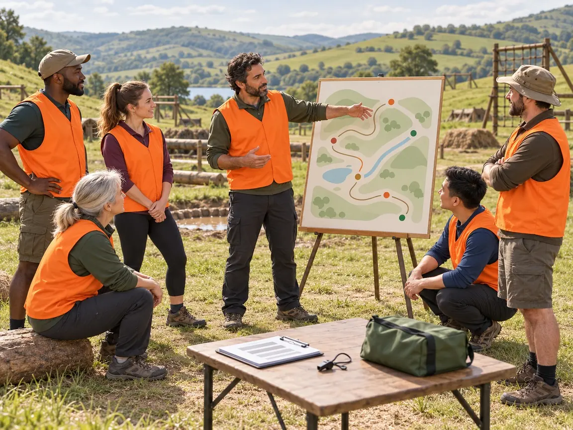 A team lead in an orange vest points at a course map on an easel while five volunteers and marshals listen, with a clipboard, a whistle and a green bag on a table.