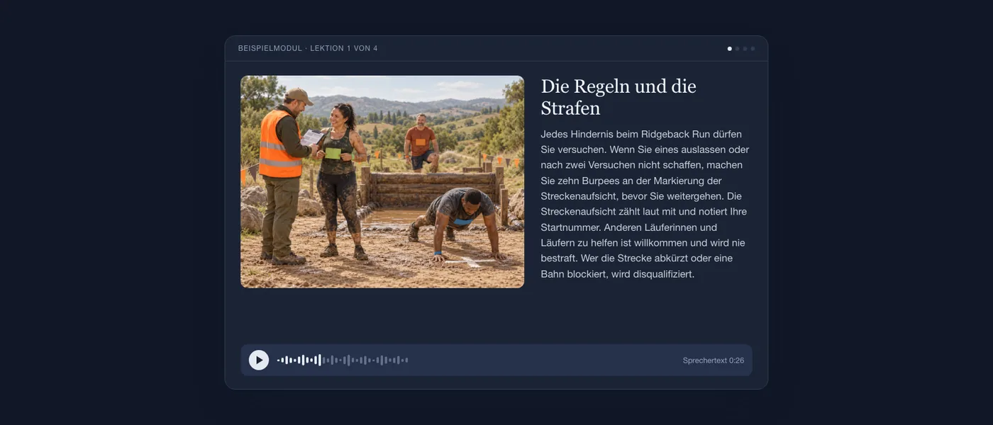 Eine fertige Lektion aus Sicht der Lernenden: die Illustration eines schlammigen Hindernisparcours, der Lektionstext und ein Audioplayer.
