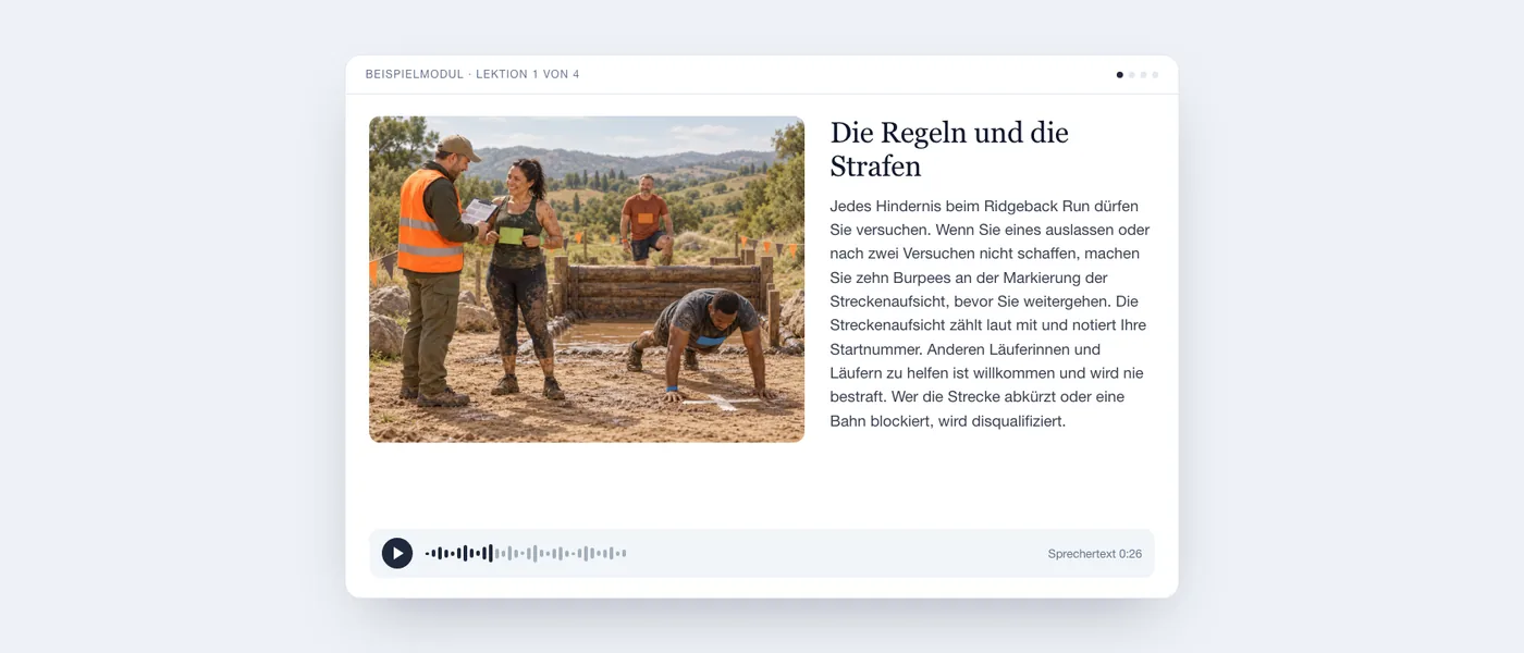 Eine fertige Lektion aus Sicht der Lernenden: die Illustration eines schlammigen Hindernisparcours, der Lektionstext und ein Audioplayer.