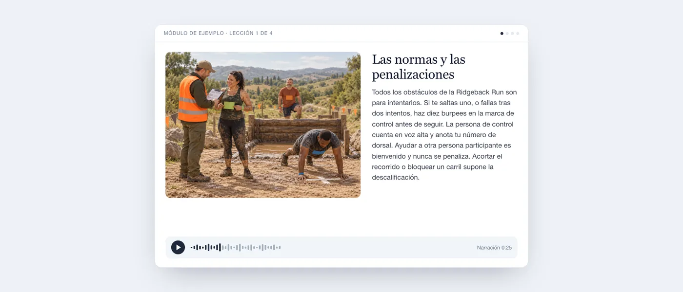 Una lección terminada tal como la ve el alumnado: ilustración de un recorrido de obstáculos con barro, texto de la lección y reproductor de audio.