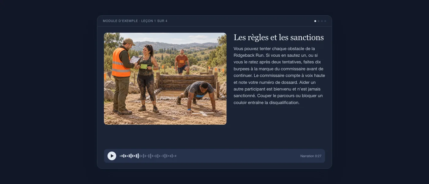 Une leçon terminée telle que l'apprenant la voit : illustration d'un parcours d'obstacles boueux, texte de la leçon et lecteur audio.