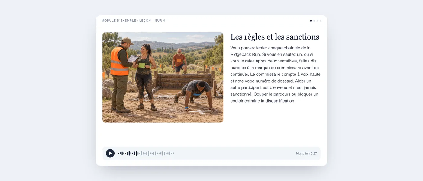 Une leçon terminée telle que l'apprenant la voit : illustration d'un parcours d'obstacles boueux, texte de la leçon et lecteur audio.