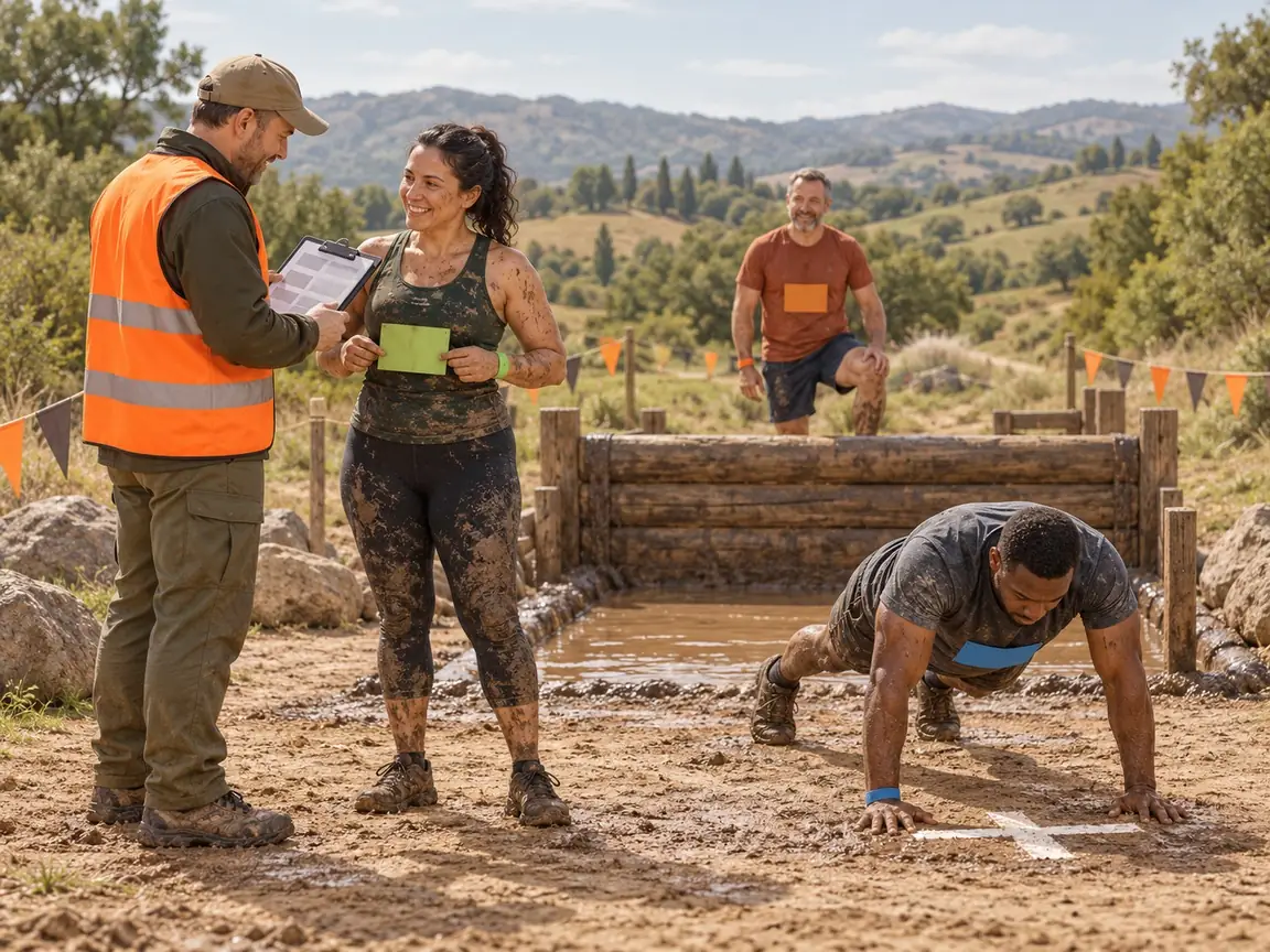 A marshal in an orange vest checks a muddy runner's bib number on a clipboard while another runner does a burpee beside a mud pit.