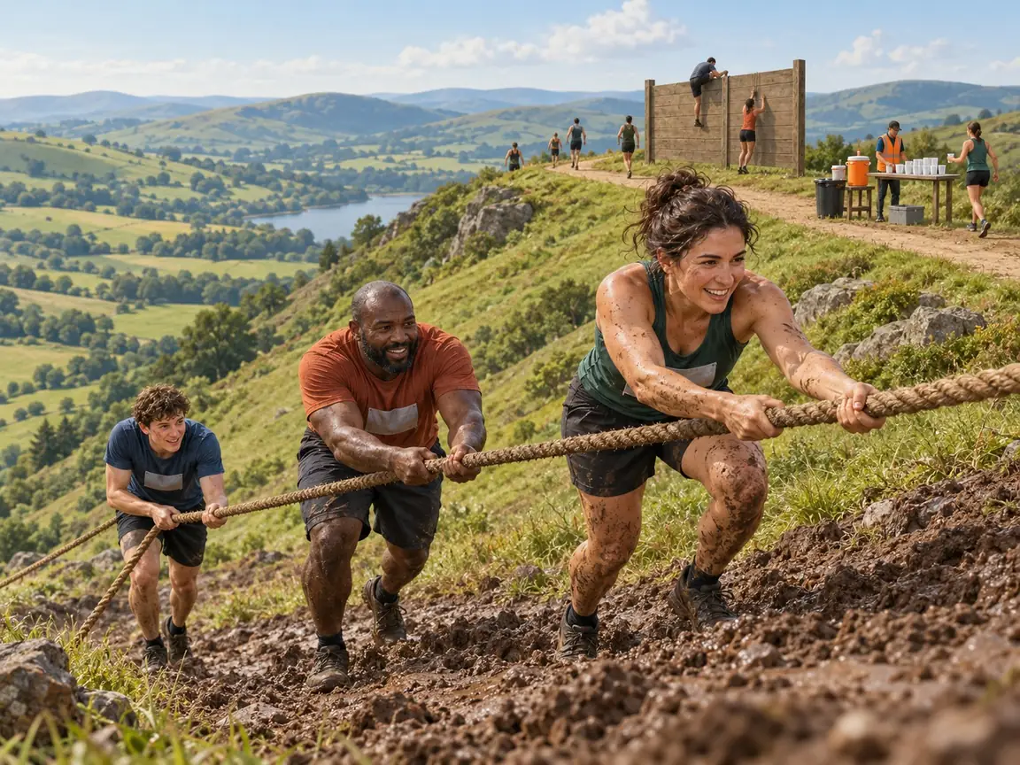 Three runners pull themselves up a muddy hillside on a thick rope, with a ridge trail, a wooden wall and a water point above them.