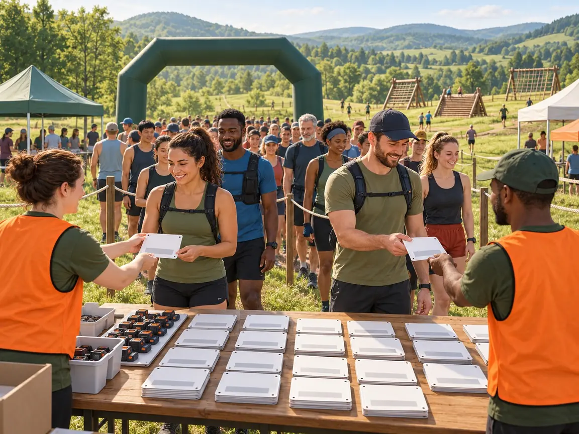 Volunteers in orange vests hand out bibs and timing chips from a long table to a queue of runners, with a timing arch and tents behind.