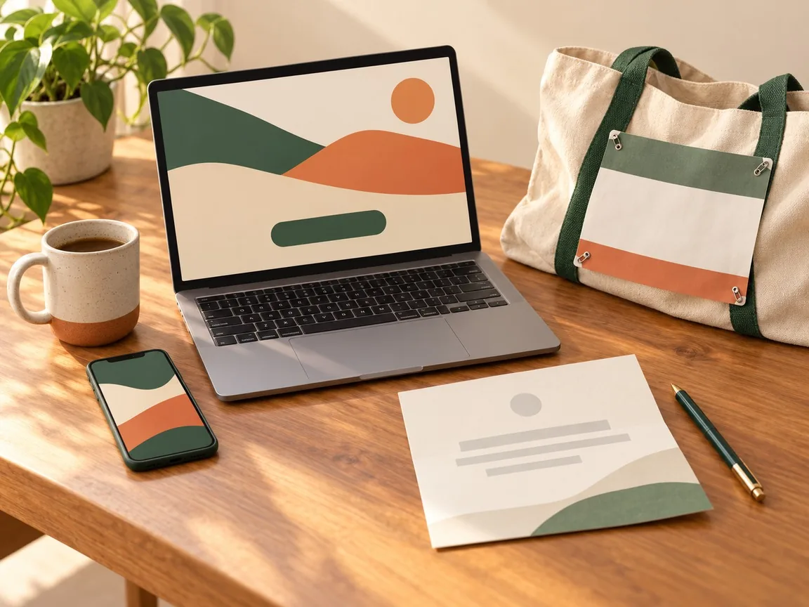 A wooden table with a laptop and a phone showing a simple page with a button, a folded certificate, a pen, and a tote bag with a race bib pinned on it.