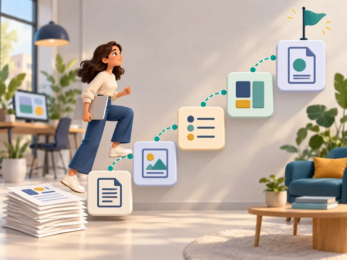 A learner climbs a staircase of five document tiles linked by a dotted path to a flag, starting from a stack of loose pages.