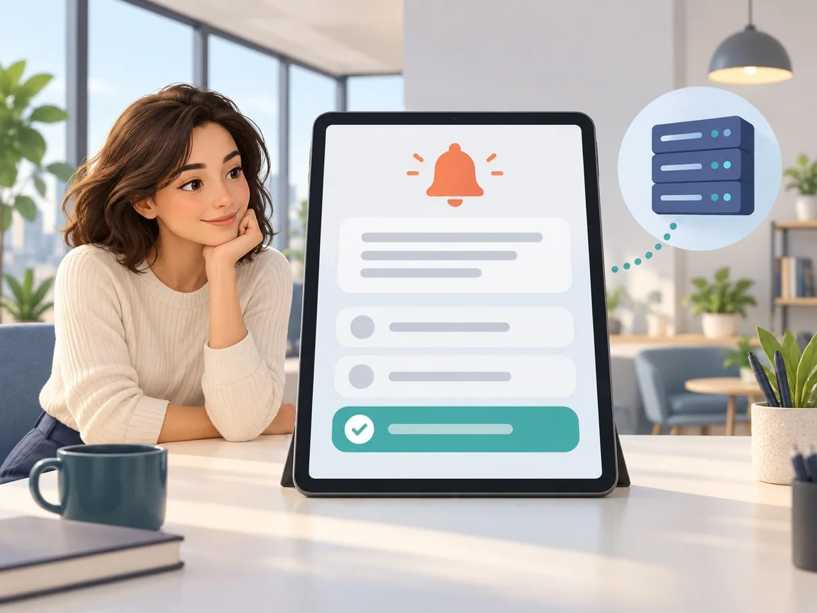A learner at a tablet showing a scenario quiz with an alarm bell, a question card and three answer options, one ticked.