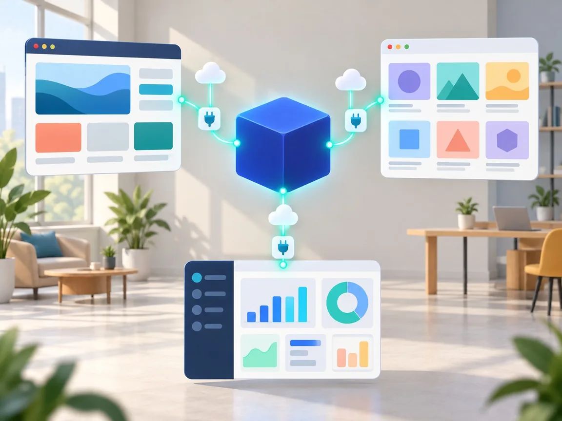 A central cube delivers learning content through plug-and-cloud links to three different apps: a portal, a course platform and a dashboard.