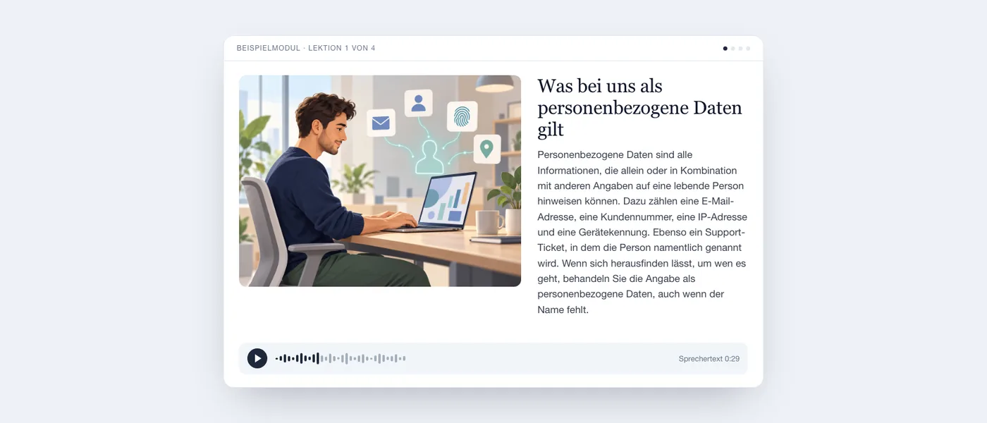 Eine fertige Lektion aus Sicht der Lernenden: Illustration, Lektionstext und Audioplayer.