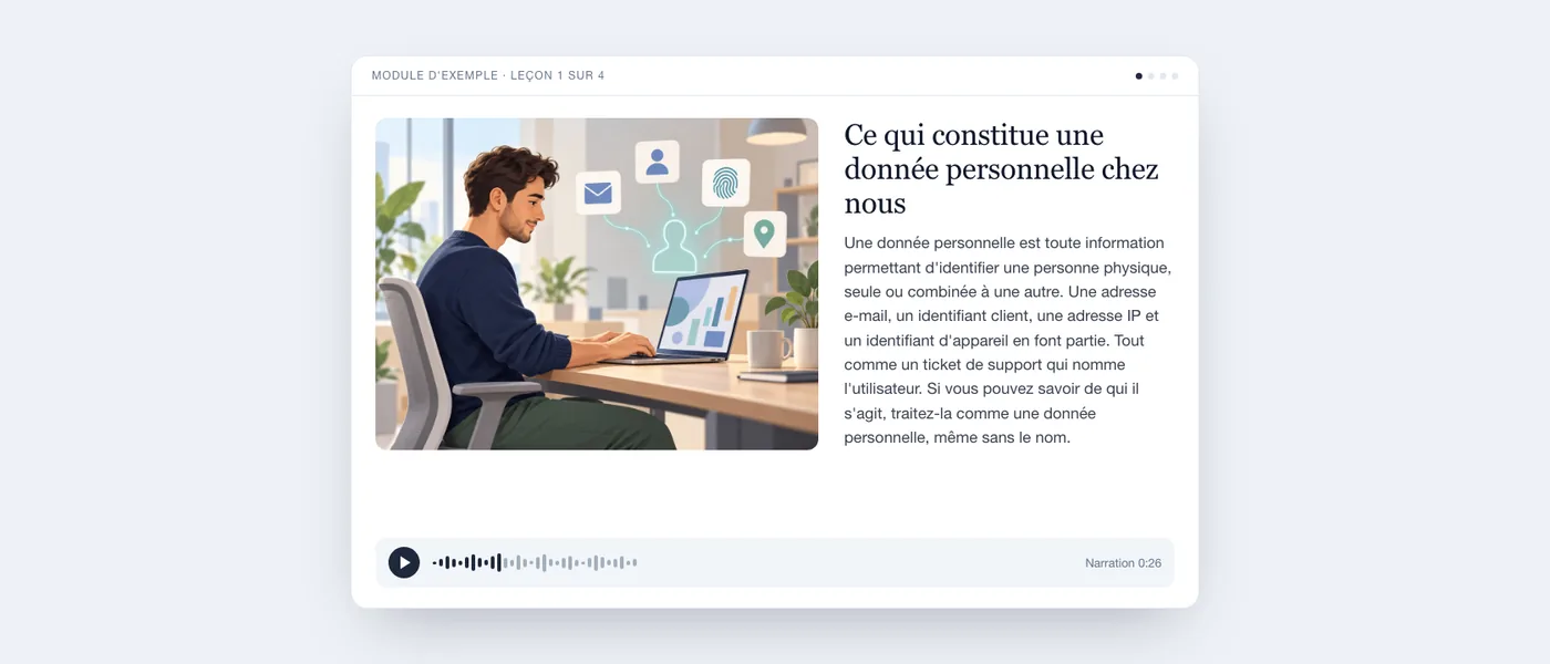 Une leçon finalisée telle que l'apprenant la voit : illustration, texte de la leçon et lecteur audio.