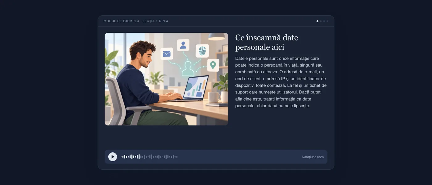 O lecție finalizată, așa cum o vede cursantul: ilustrație, textul lecției și un player audio.