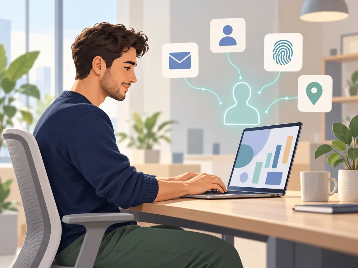 A developer at a desk looks at a laptop while icons for an email, a user, a fingerprint and a location float above it, linked to a person outline.