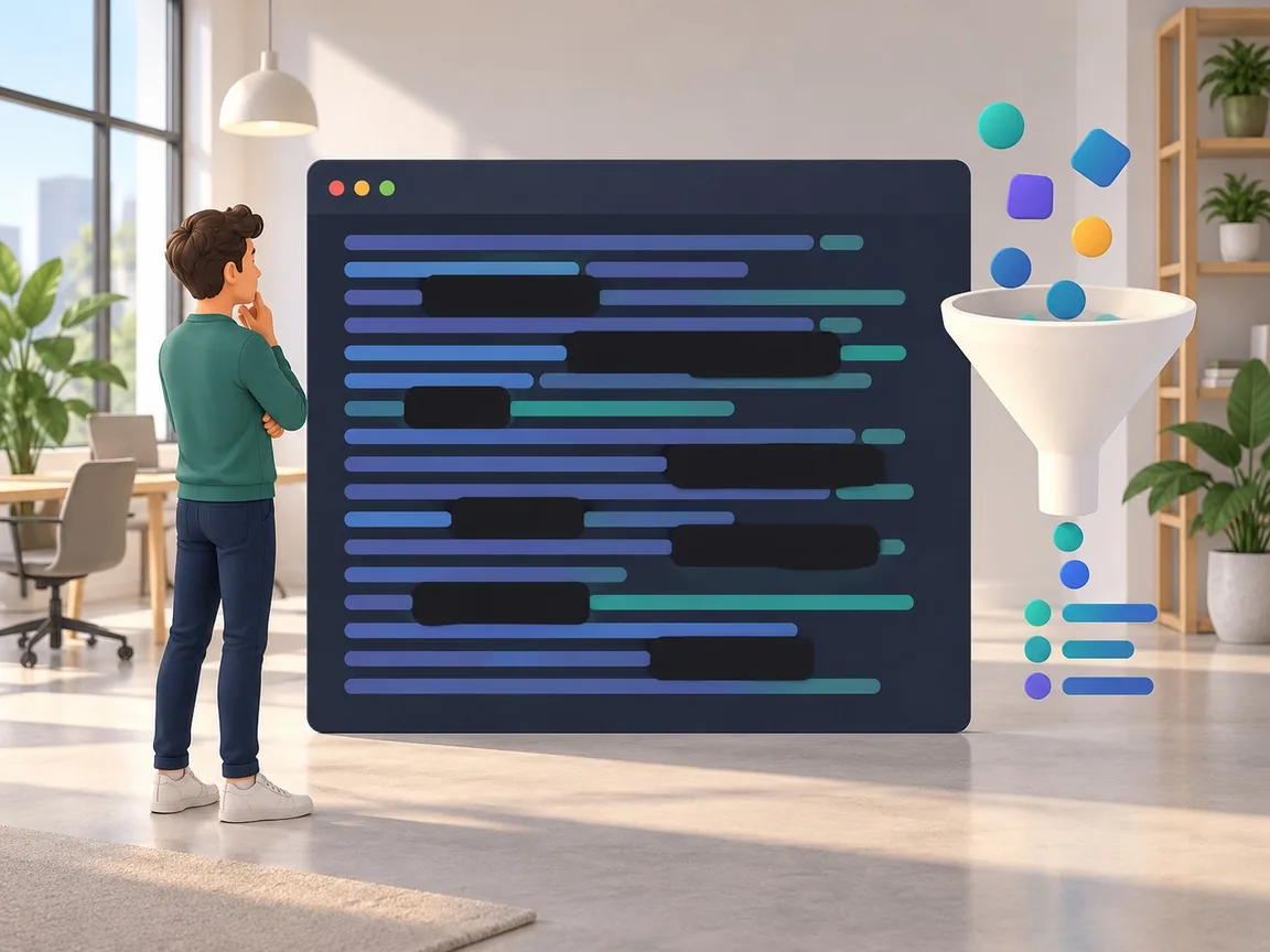 A developer studies a large abstract log window whose lines are partly blacked out, next to a funnel that filters coloured data dots.